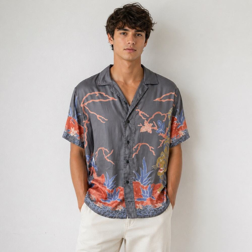 NWT BDG Urban Outfitters Shirt Mens XL Gray Floral Button Up Short Sleeve